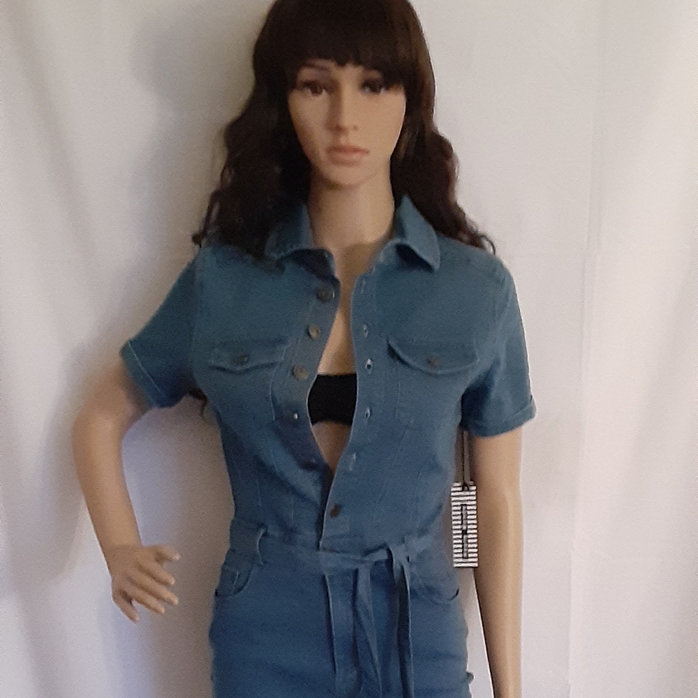 BRAND NEW.  Haute Monde. size small. stretchy. denim. belted. jumpsuit
